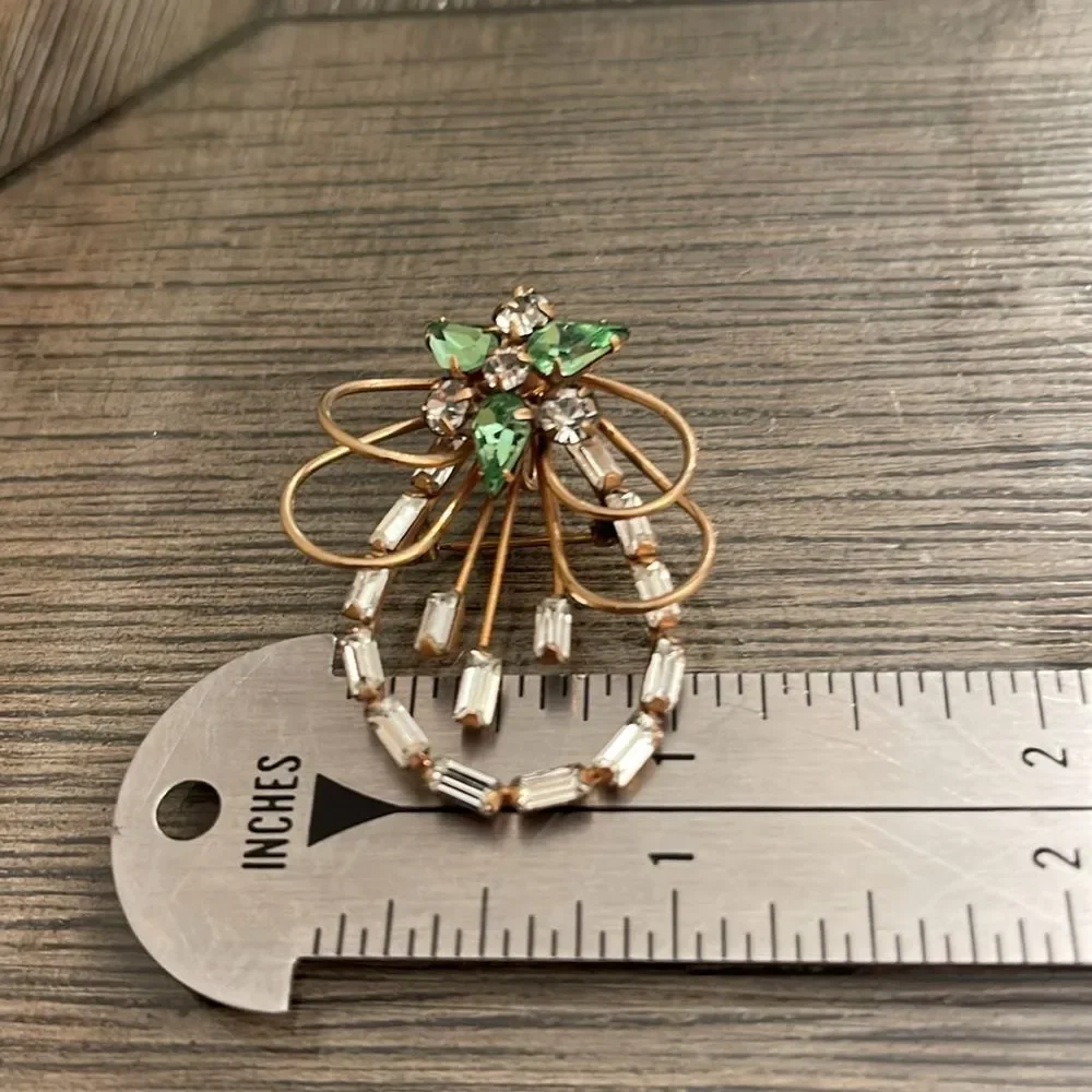 Vintage Ralph Scudieri D'ERI Signed 12K Gold Filled Crystal Brooch Clear & Green